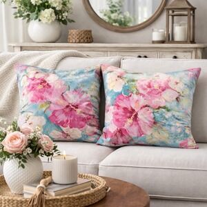 Set of 2 Floral Velvet Throw‎ Pillows 20x20 Pink Blue Shimmer Cottagecore